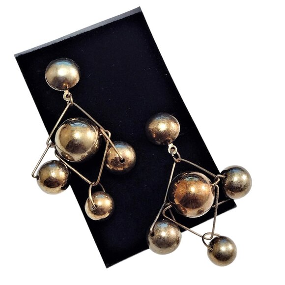 2 1/2" Metal Bead Hoop Pierced Post Earrings Vintage Aged Gold Tone - Picture 4 of 5